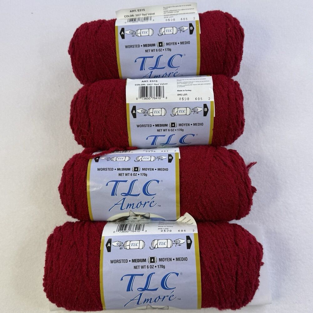 4 Skeins Red Heart TLC Amore Worsted Yarn Medium (4) 3907 Red Velvet 1037